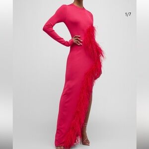 Sally LaPointe Fuchsia Feather-Trim Long Sleeve Gown